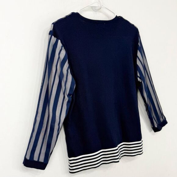 YAL NY Navy Blue White Mesh Overlay Striped Knit Nautical Pullover Top - Picture 7 of 16